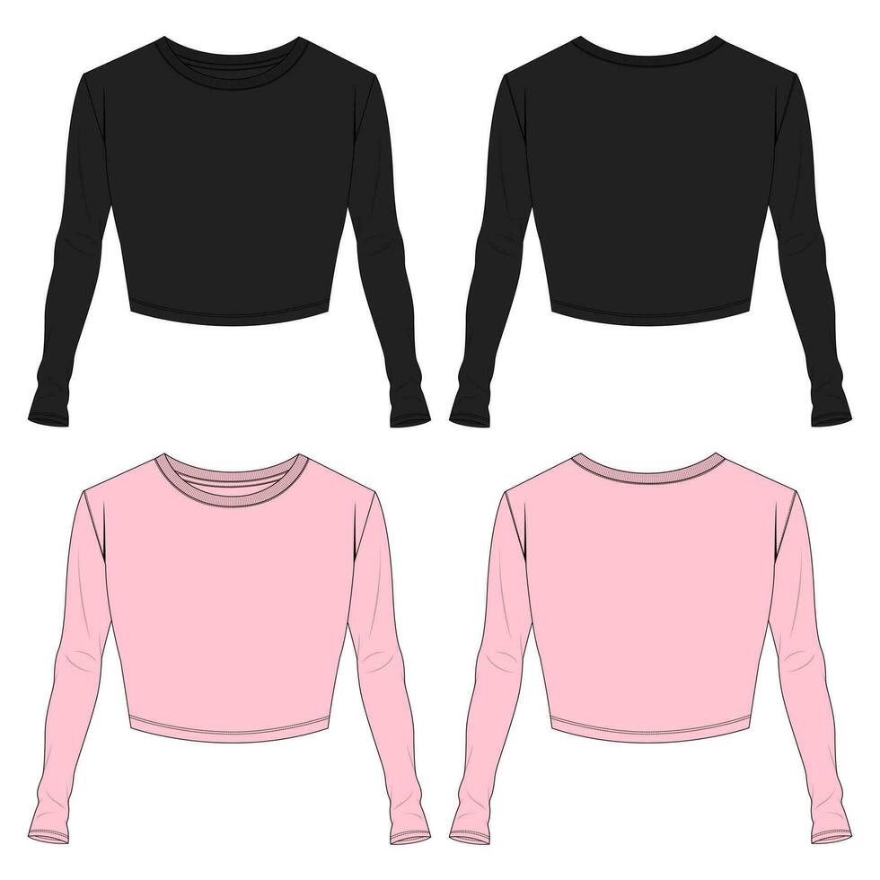 lungo manica t camicia cime camicetta tecnico disegno moda piatto schizzo vettore illustrazione nero e rosa colore modello per le signore isolato su bianca sfondo