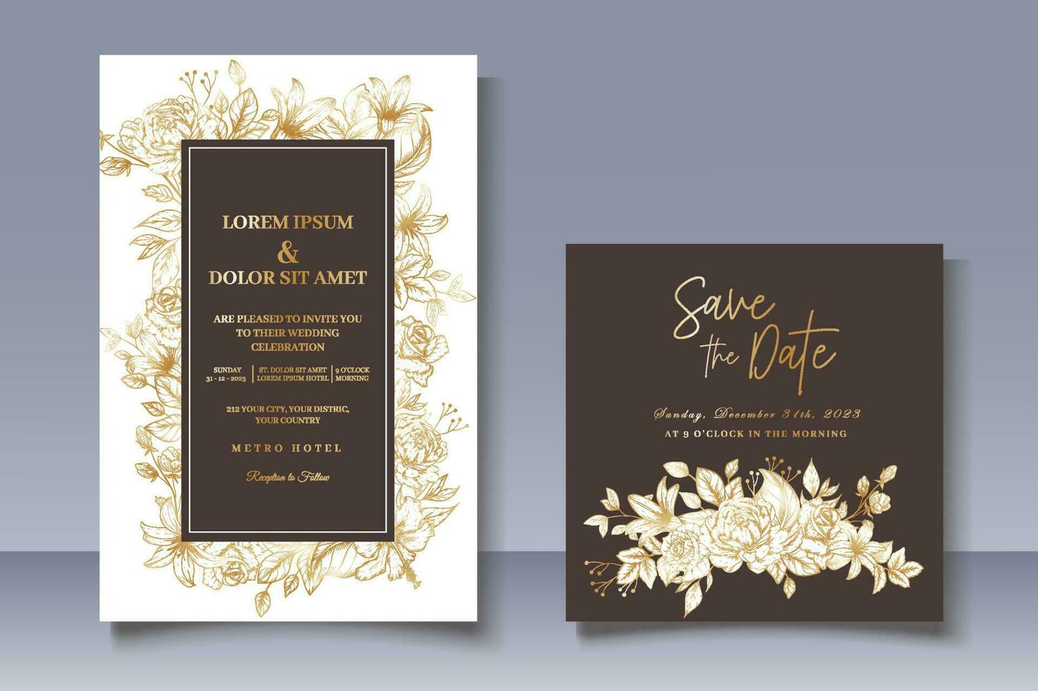 elegante nozze carta impostato con d'oro floreale decorazione vettore