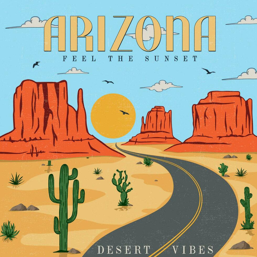 Arizona deserto vibrazioni grafico Stampa illustrazione. Arizona cactus linea vettore maglietta design. Arizona deserto vibrazioni opera d'arte design per etichetta, manifesto, lotto, sfondo e altri.