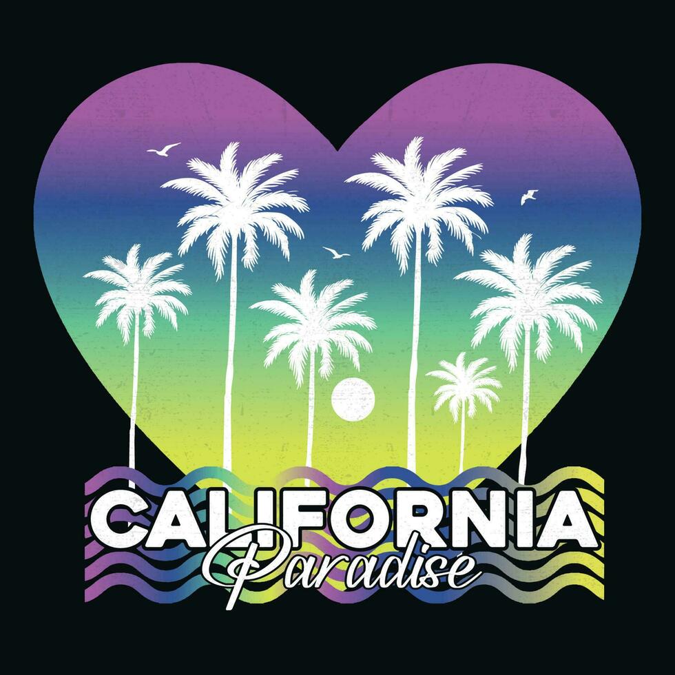 California Paradiso vettore illustrazione per estate Stampa design testo con un' onde illustrazione, per maglietta stampe, manifesti. estate spiaggia vettore illustrazione. amore cuore forma estate palma albero spiaggia