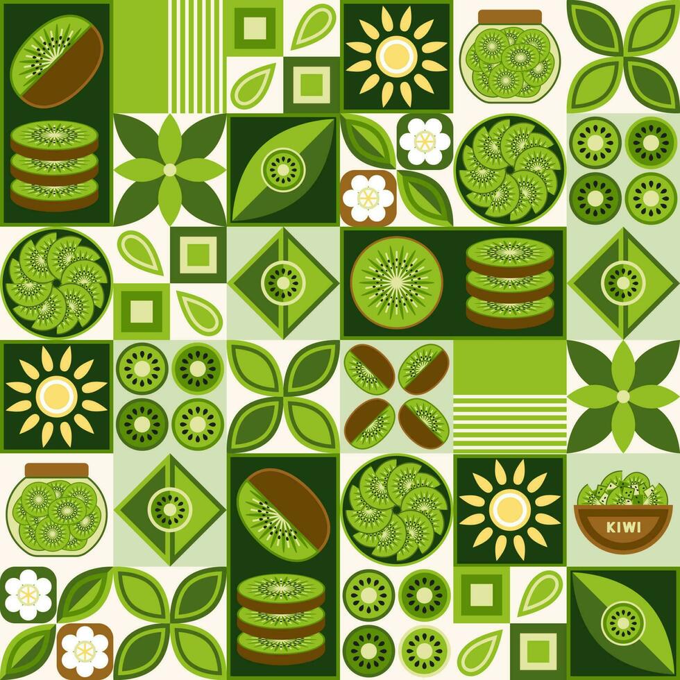 senza soluzione di continuità modello con kiwi, semplice geometrico forme. foglie, semi, Kiwi fette. semplice minimo stile. bene per marchio, decorazione di cibo pacchetto, copertina disegno, decorativo casa cucina stampe vettore