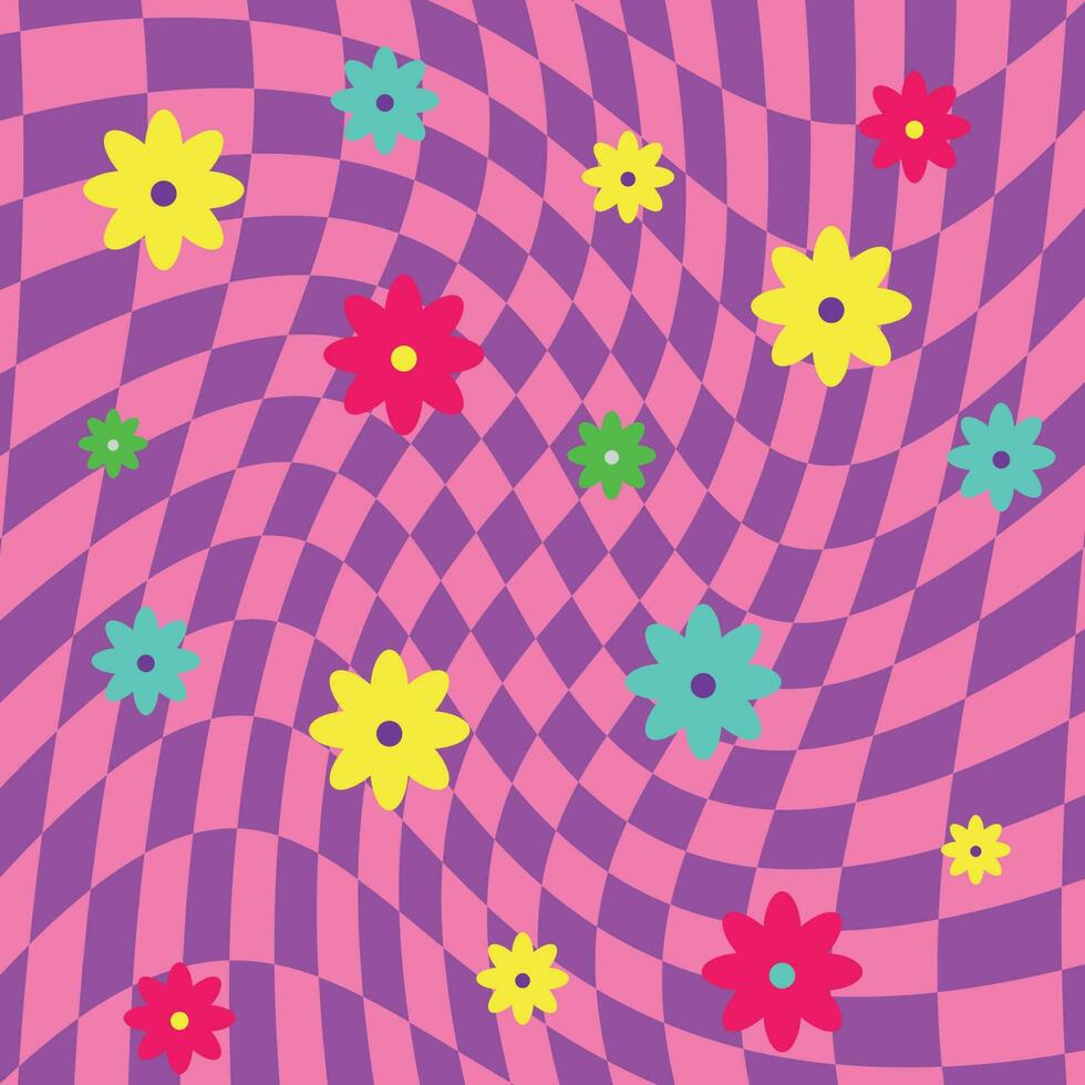 rosa viola psichedelico piazze geometrico modello con fiori. ottico illusione sfondo 60s vettore