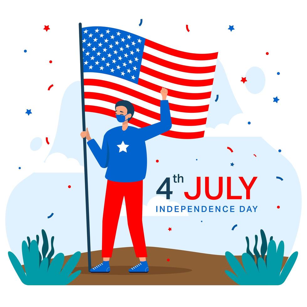 quarto del giorno dell'indipendenza di luglio, uomo che tiene una bandiera americana vettore