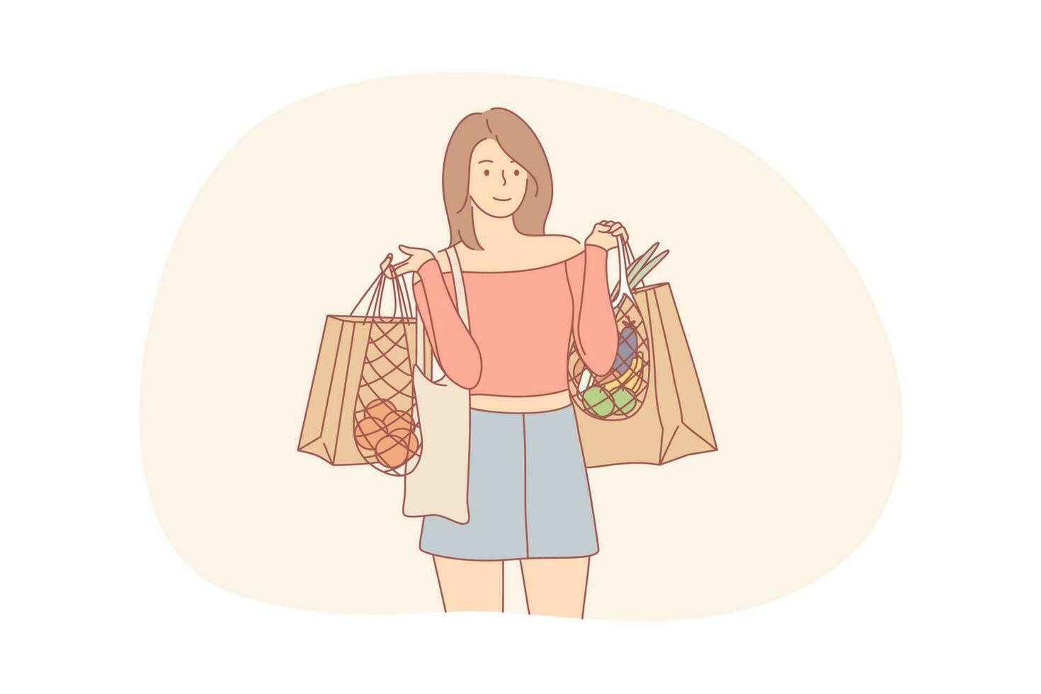 raccolta differenziata, acquisti, ecologia, cibo, zer rifiuto concetto. giovane donna o ragazza cartone animato personaggio in piedi ecologico borse con alimento. cura di ambiente eco amichevole ordinamento spazzatura e raccolta differenziata. vettore