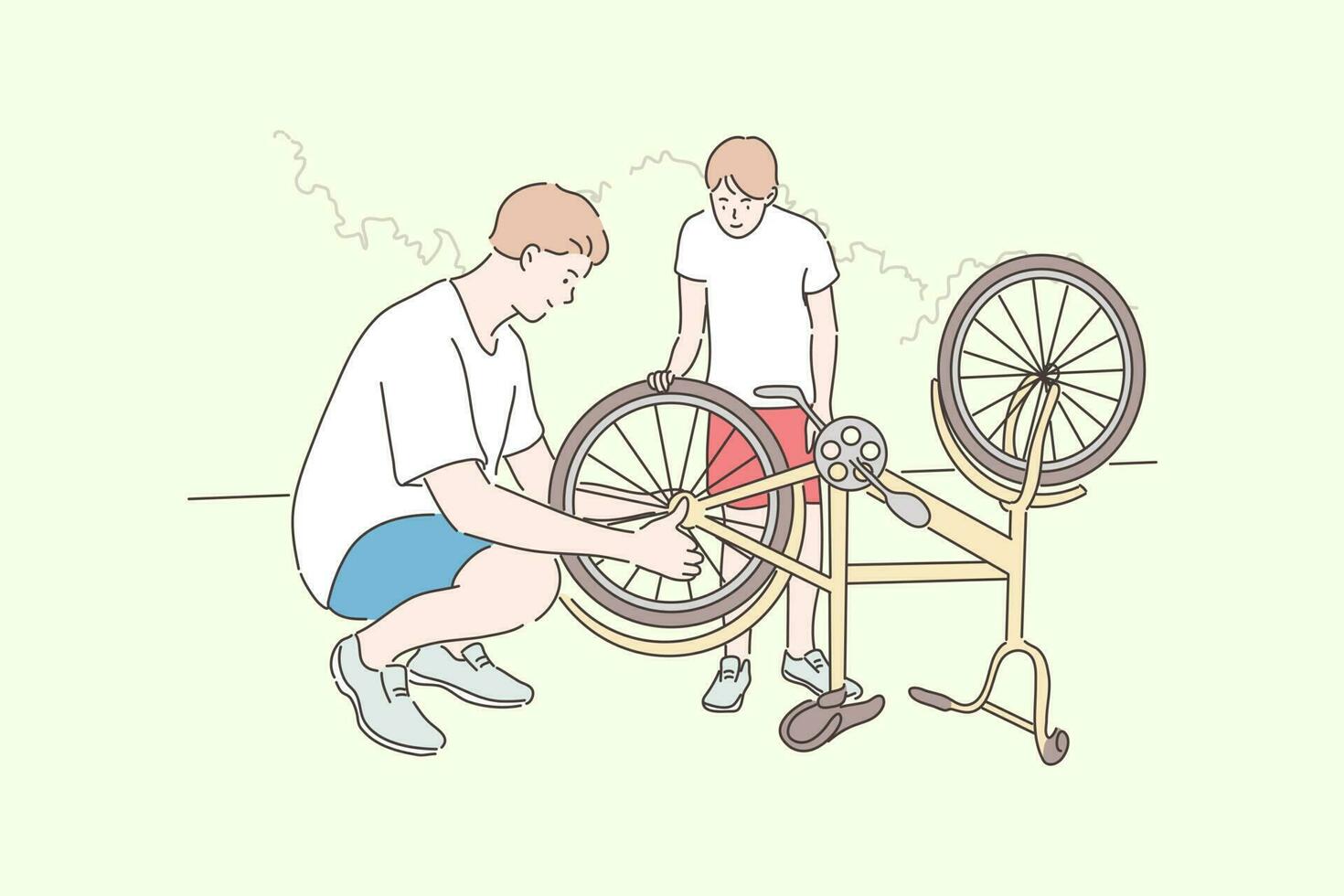 paternità, Ciclismo, infanzia, riparazione concetto. cartone animato personaggi giovane uomo padre aiuta ragazzo ragazzo figlio adolescente riparazione bicicletta ruota. famiglia cura e attivo estate ricreazione stile di vita illustrazione. vettore