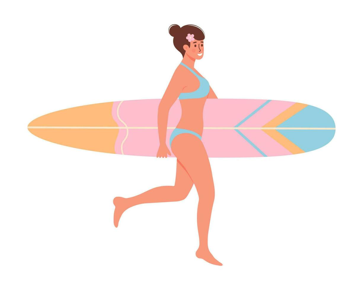 bellissimo donna nel costume da bagno con tavola da surf. spiaggia surfer ragazza. attivo estate, salutare stile di vita, fare surf, estate vacanza concetto vettore