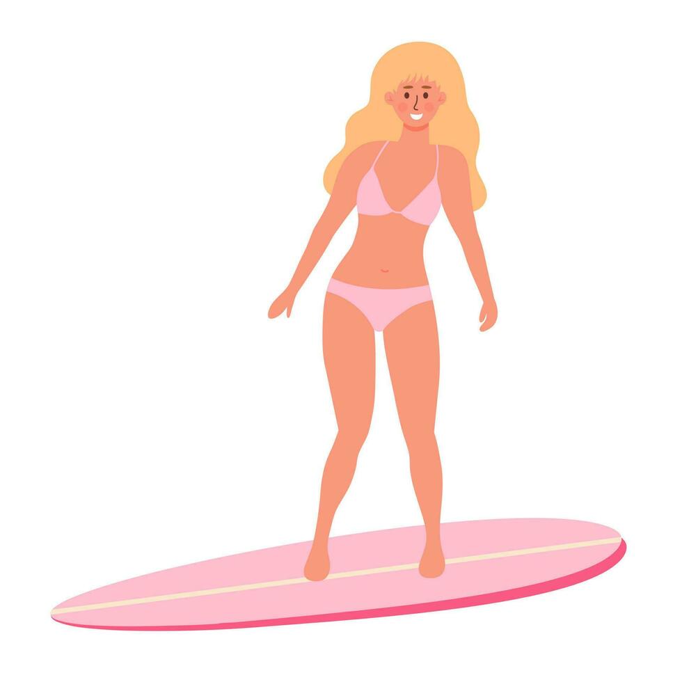 bellissimo donna nel costume da bagno su tavola da surf. spiaggia surfer bionda ragazza. attivo estate, salutare stile di vita, fare surf, estate vacanza concetto vettore