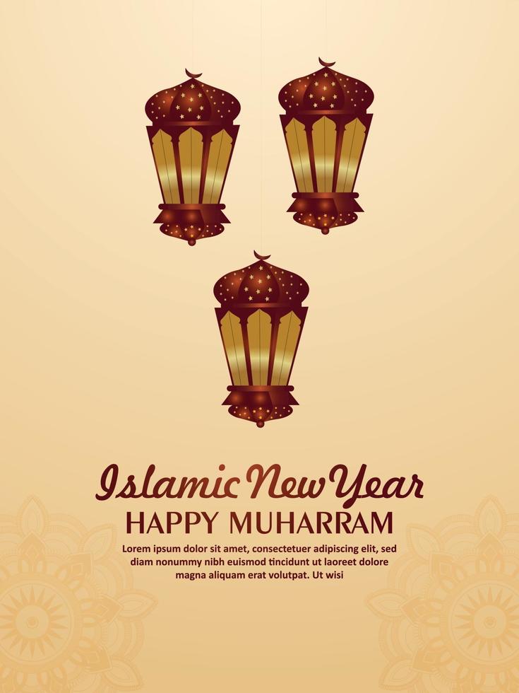 felice poster di festa di invito muharram con lanterna creativa vettore