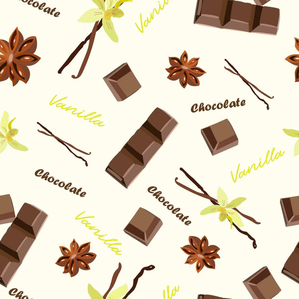 impostato di naturale vaniglia fiori e bastoni, cioccolato fette e satr anis, senza soluzione di continuità vettore illustrazione per tessile, Stampa