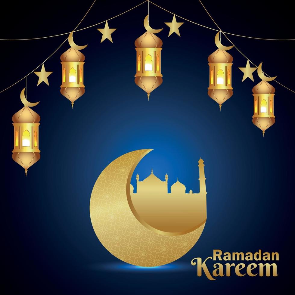 festival islamico del ramadan kareem con luna e lanterna dorate a motivo arabo vettore