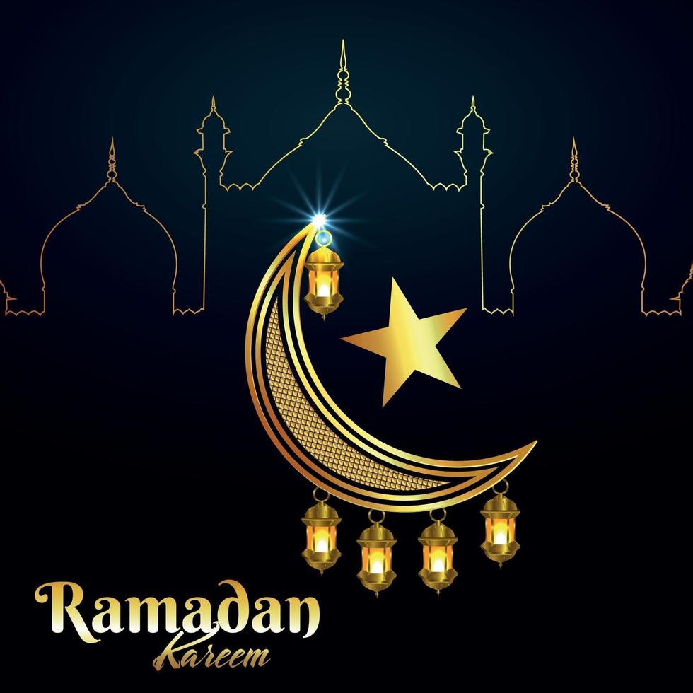 luna dorata islamica decorativa di ramadan kareem con stella e lanterna vettore