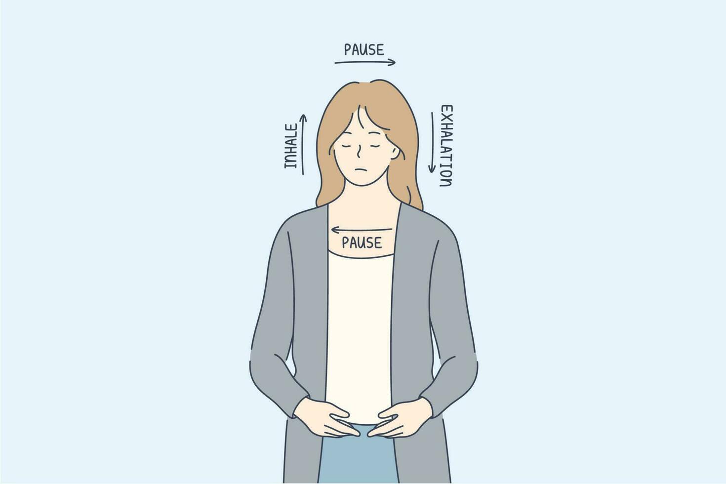 meditazione, anti stress, piazza respiro concetto. giovane nervoso arrabbiato donna ragazza personaggio Meditare utilizzando respirazione esercizi provando per calma fuori uso. salutare stile di vita trattare con fatica illustrazione. vettore