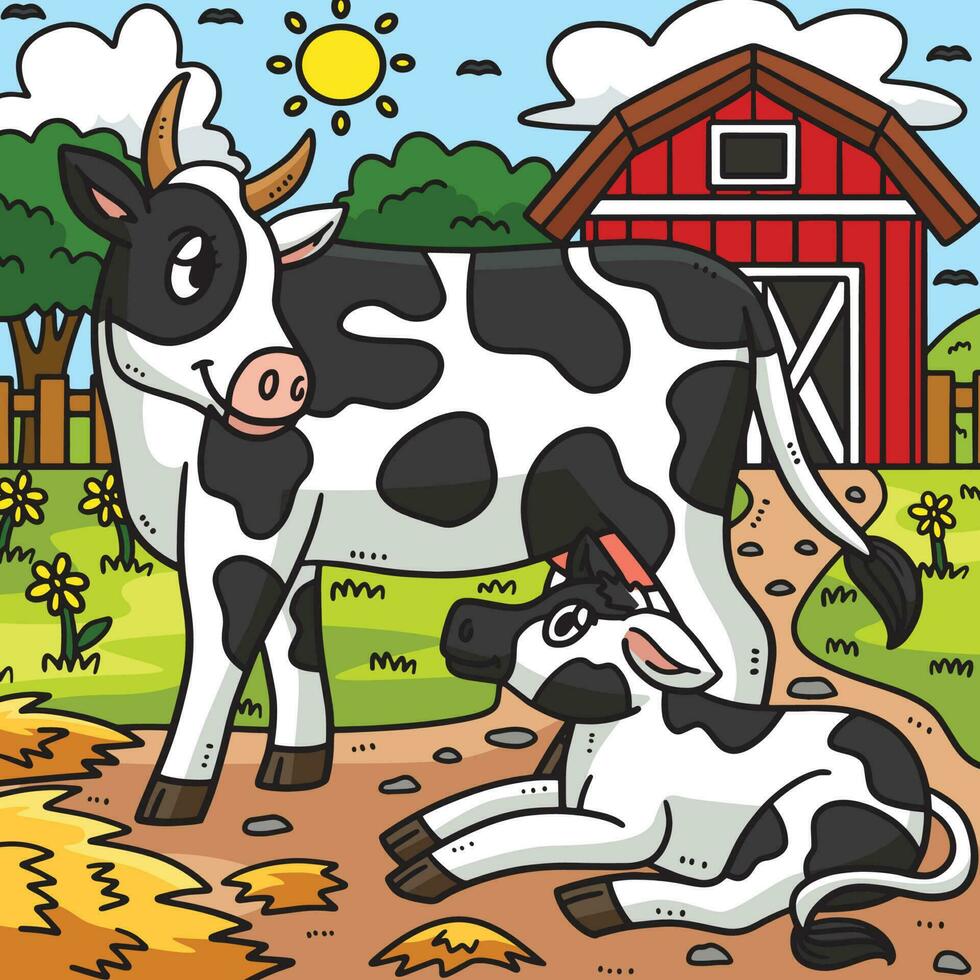 madre mucca e vitello colorato cartone animato illustrazione vettore