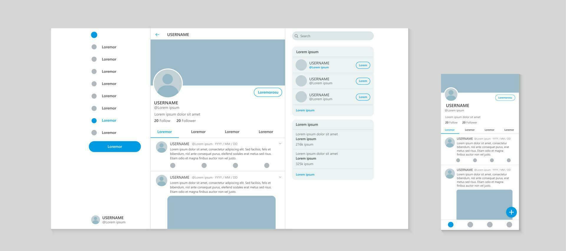 sociale Rete sito web wireframe interfaccia modello per computer e mobile Telefono, rwd modello vettore