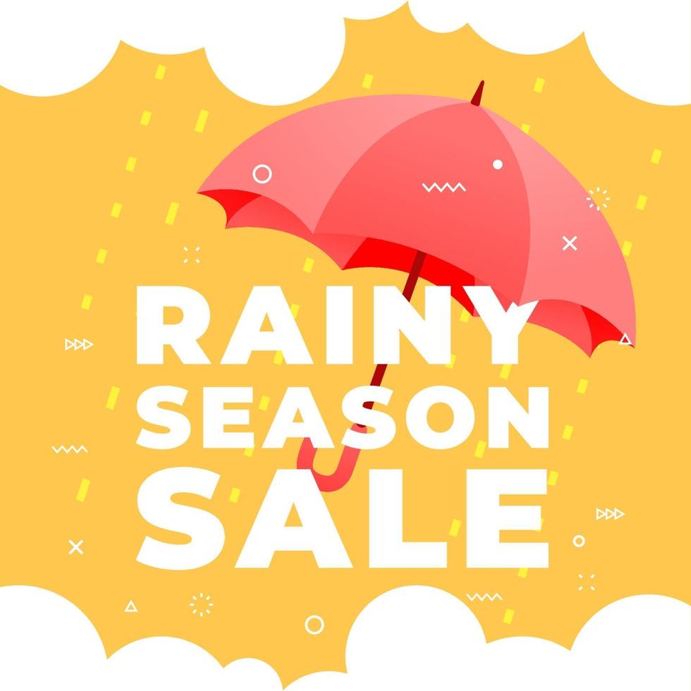 vendita di stagione delle piogge con ombrello rosso su sfondo giallo banner. vettore