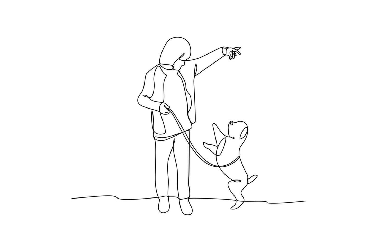 singolo una linea disegno un' ragazzo giocando con il suo animale domestico. urbano animale domestico concetto. continuo linea disegnare design grafico vettore illustrazione.