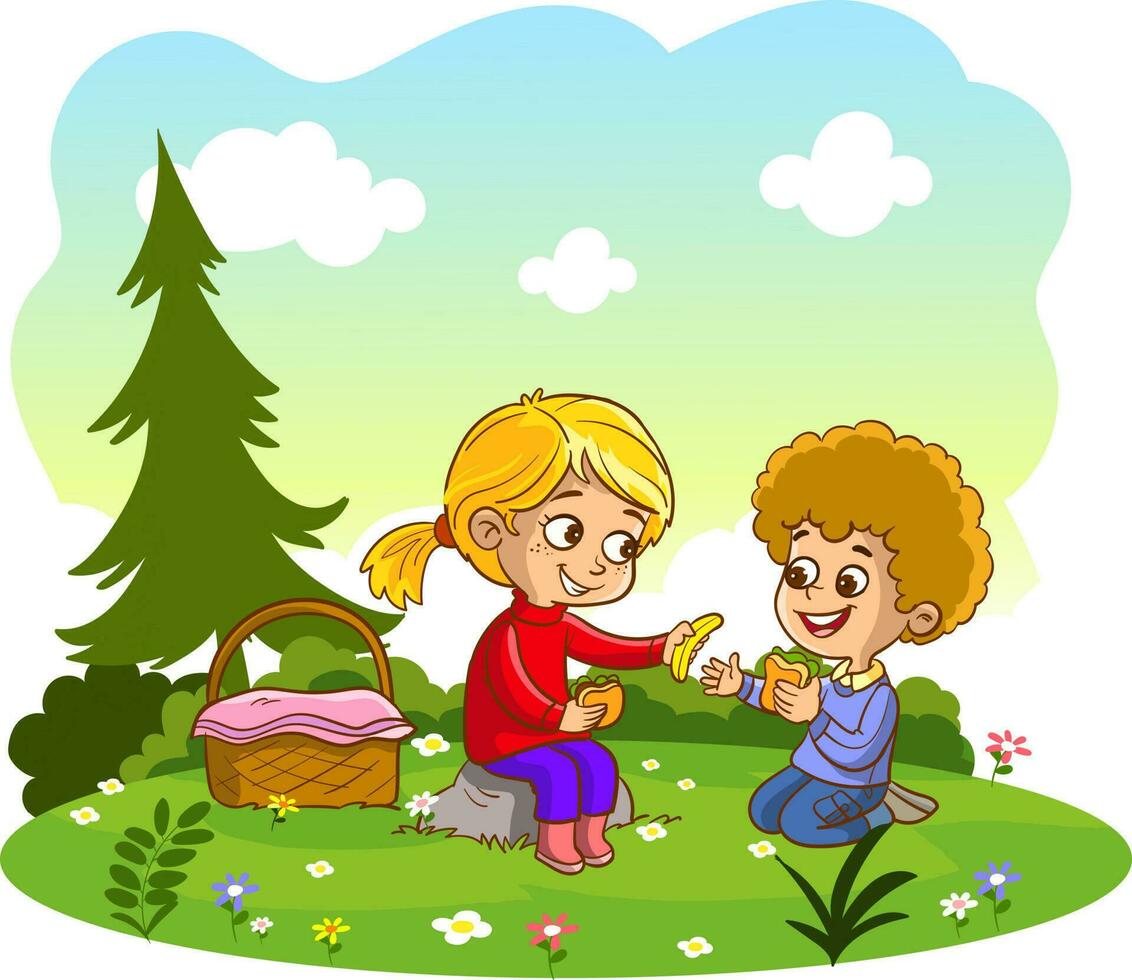 bambini avendo un' picnic vettore illustrazione