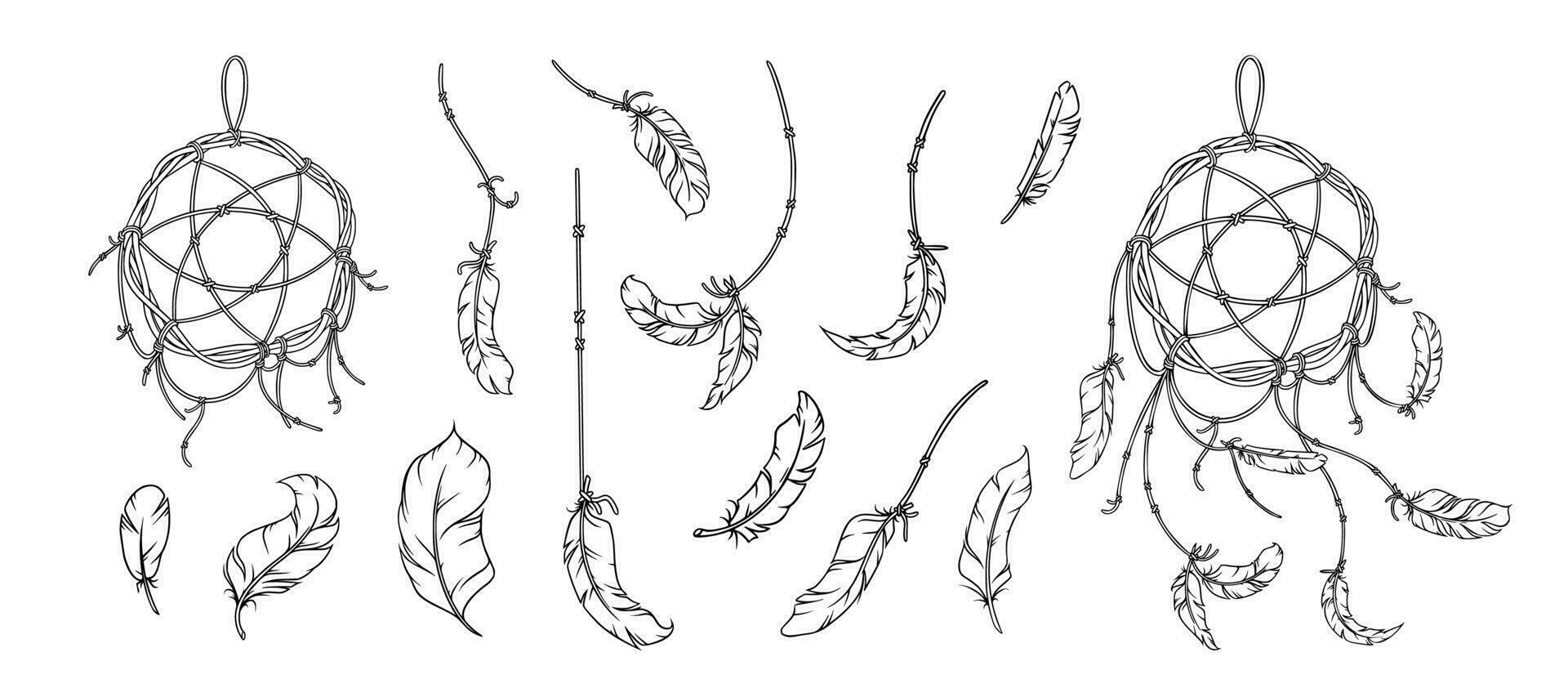 cacciatore di sogni e piume schizzo. nativo americano arredamento con piume e sognare cacciatori. vettore illustrazione