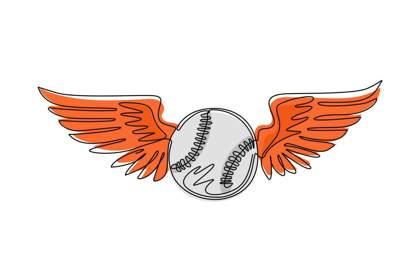 palla da baseball con disegno a linea singola che vola con ali d'angelo. emblema da baseball realistico con ali bianche rialzate, palla per il design sportivo. illustrazione vettoriale grafica di disegno a linea continua