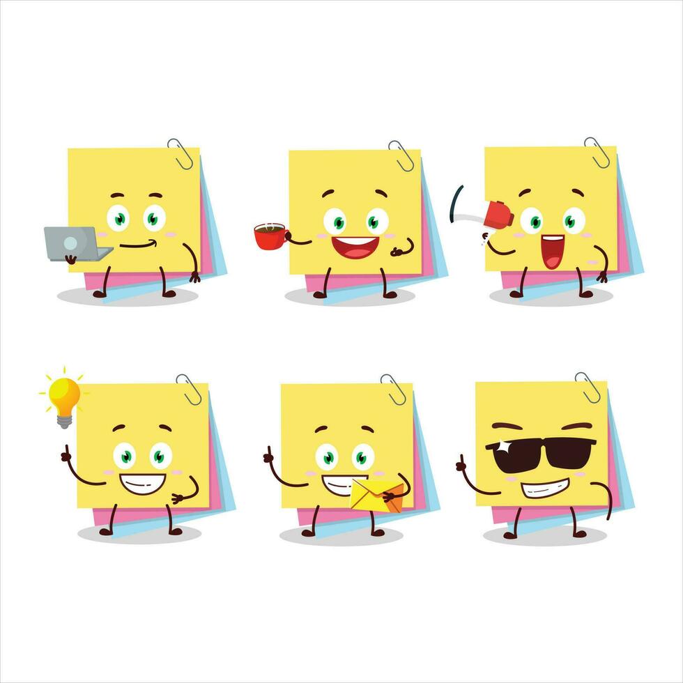 appiccicoso Appunti carta cartone animato personaggio con vario tipi di attività commerciale emoticon vettore