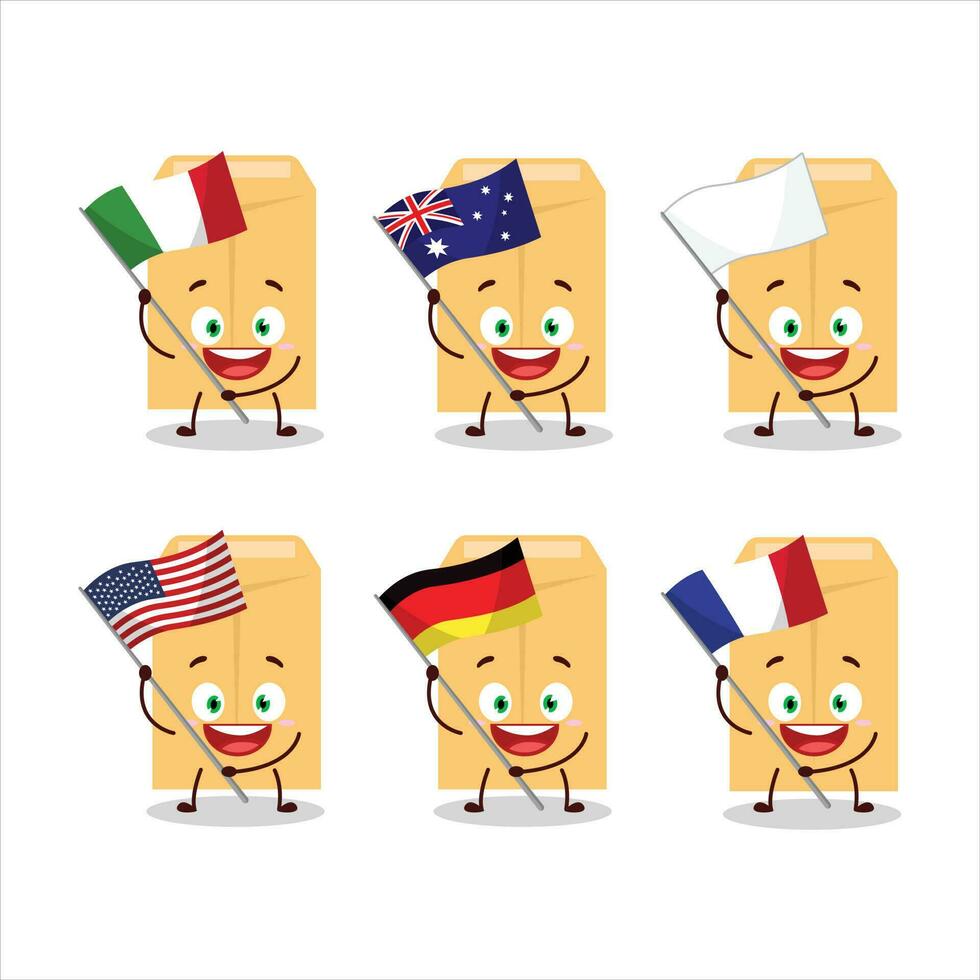 Marrone Busta cartone animato personaggio portare il bandiere di vario paesi vettore