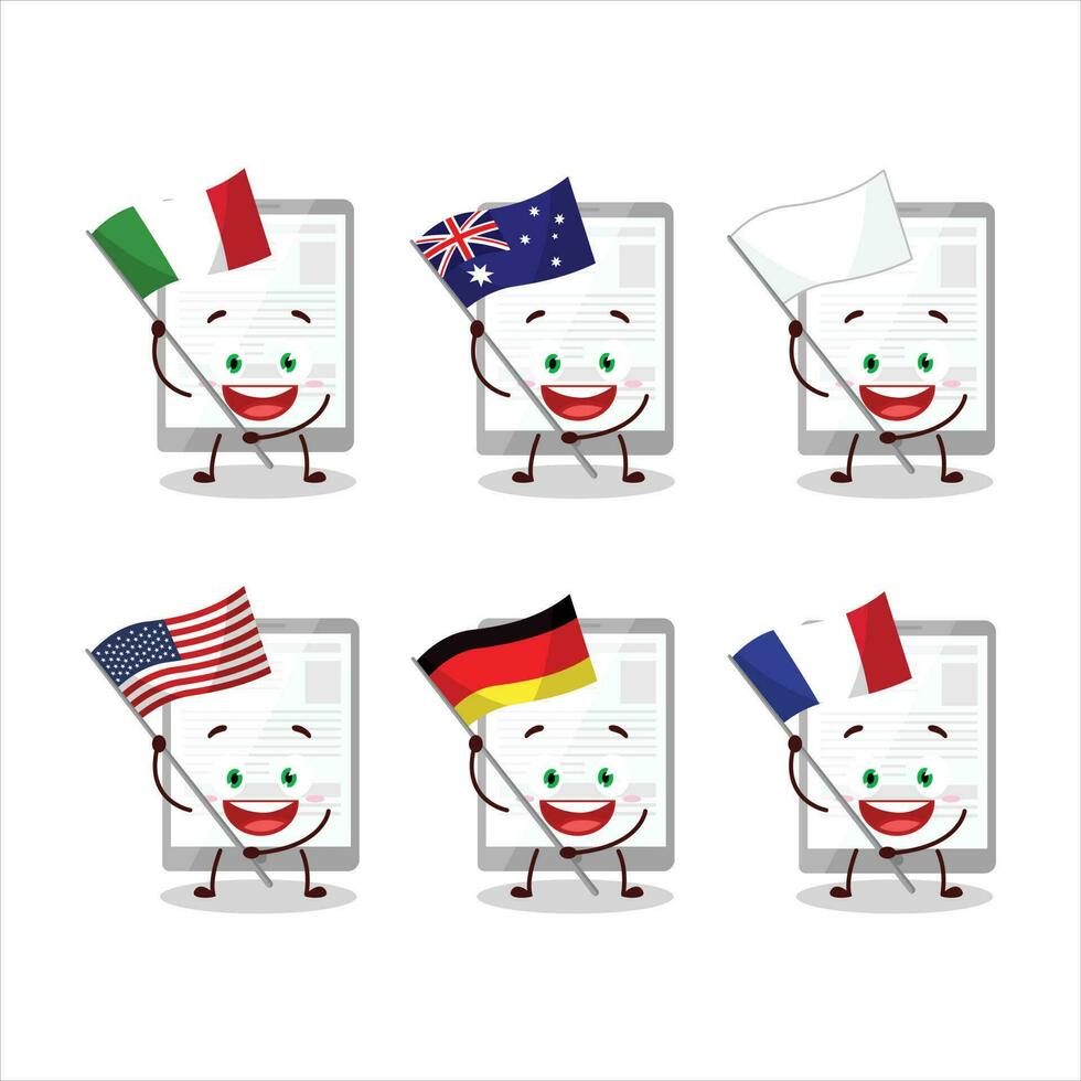notizia nel tavoletta cartone animato personaggio portare il bandiere di vario paesi vettore