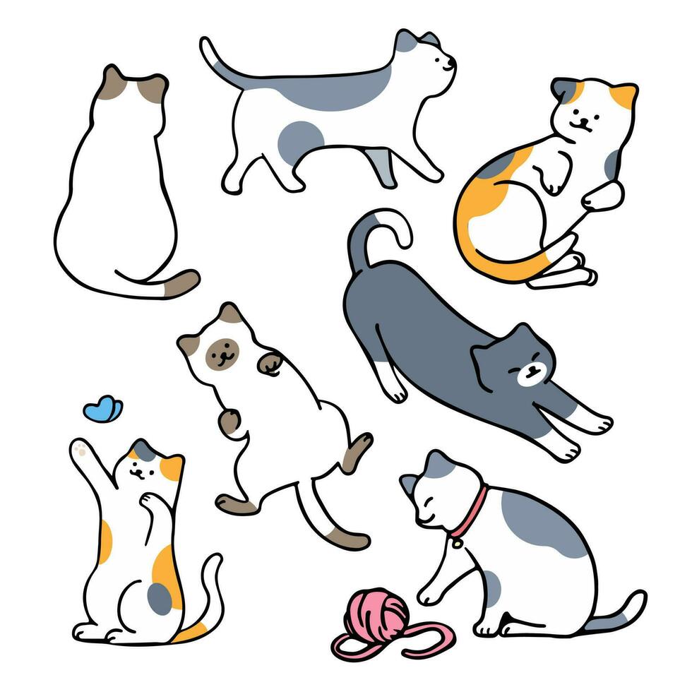 piatto, minimo vettore illustrazione di gatti nel diverso pose, con schema stile personaggio design.