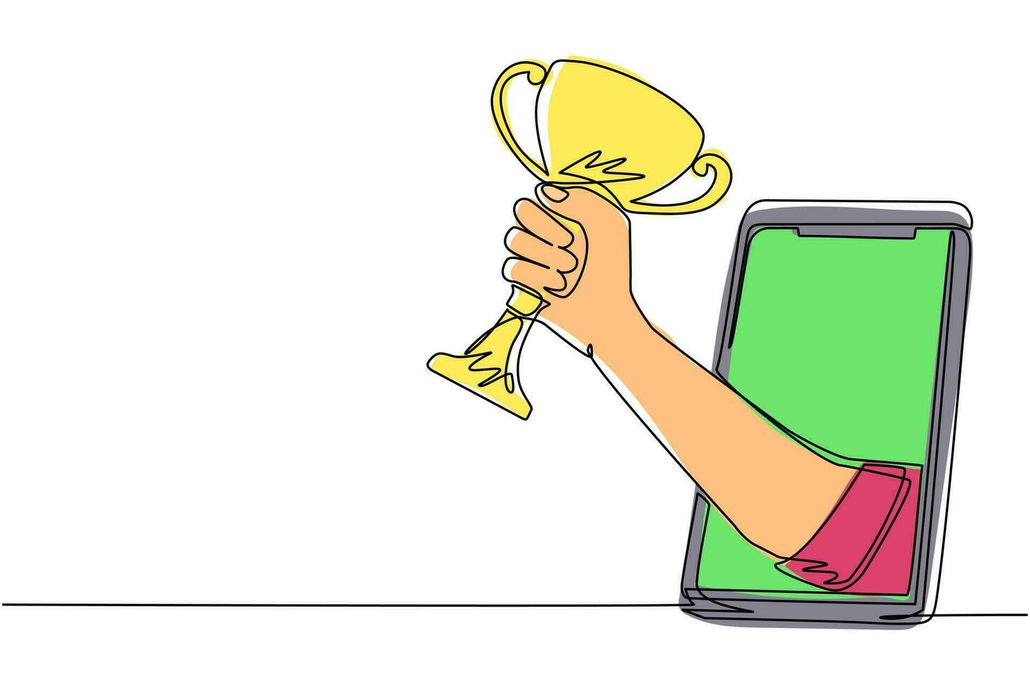 trofeo di disegno continuo di una linea in mano che esce dallo schermo mobile. smartphone con app calcio calcio. campionato di streaming sportivo mobile da giocare. illustrazione vettoriale di disegno a linea singola