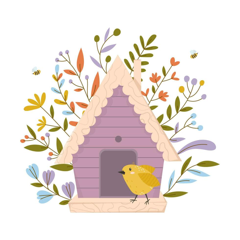 di legno colorato birdhouse con piccolo uccelli. Casa per piumato animali. primavera tempo per Nidificazione. ornamentale le foglie e fiori su un isolato bianca sfondo. azione vettore illustrazione.