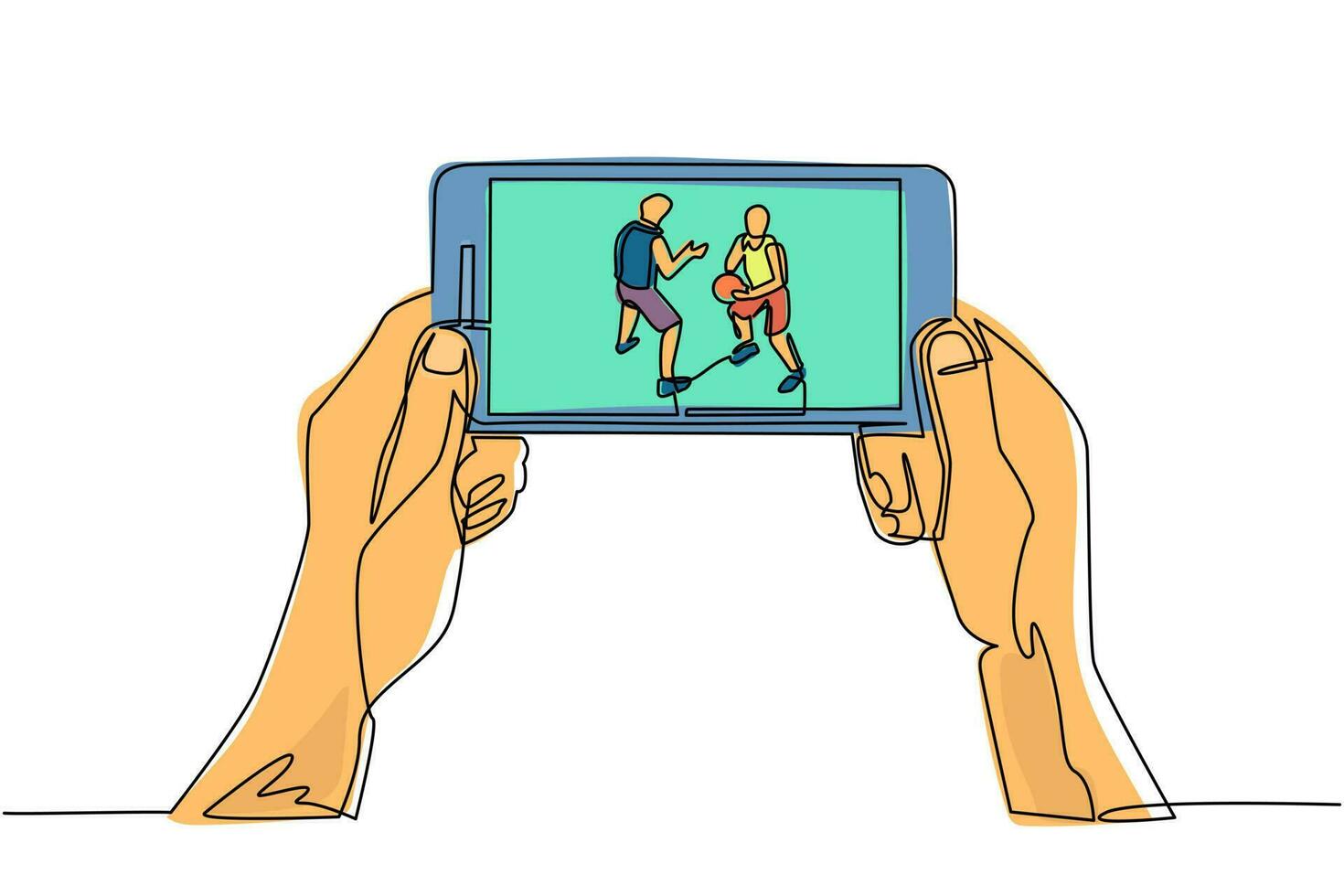 Streaming in diretta della lega di basket con disegno a una linea continua sul telefono cellulare. l'uomo passa in mano lo smartphone, guarda qualsiasi partita di basket dal vivo online. illustrazione grafica vettoriale di disegno a linea singola