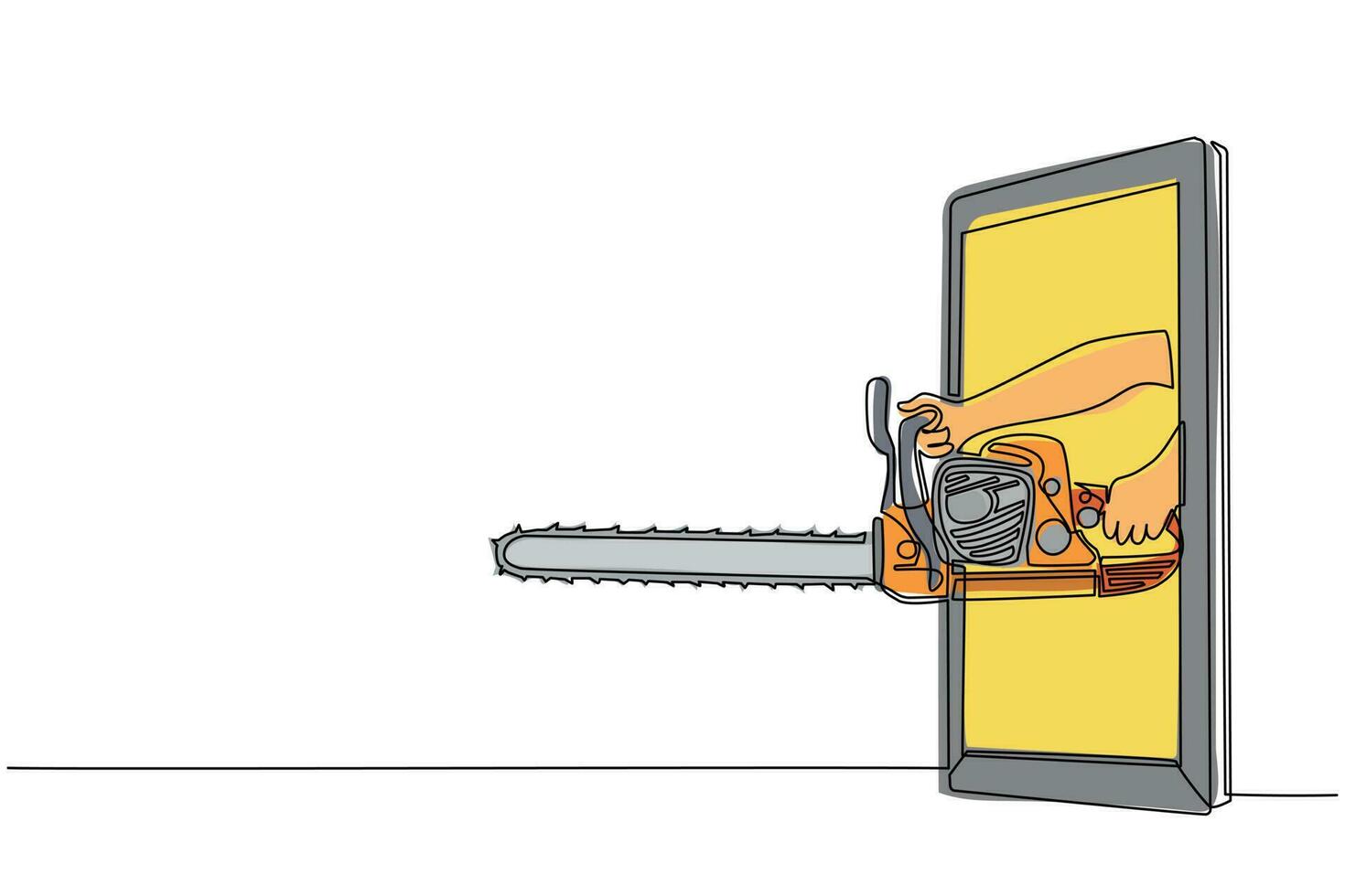 singola linea di disegno a mano che tiene la motosega tramite il telefono cellulare. concetto di videogiochi da boscaiolo, e-sport, applicazione di intrattenimento per smartphone. vettore grafico di disegno di linea continua