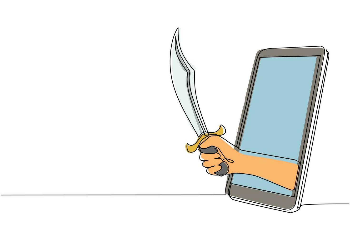 machete della stretta della mano del disegno a linea continua singola tramite il telefono cellulare. concetto di giochi mobili, e-sport, applicazione di intrattenimento per smartphone. illustrazione vettoriale di un disegno grafico a una linea