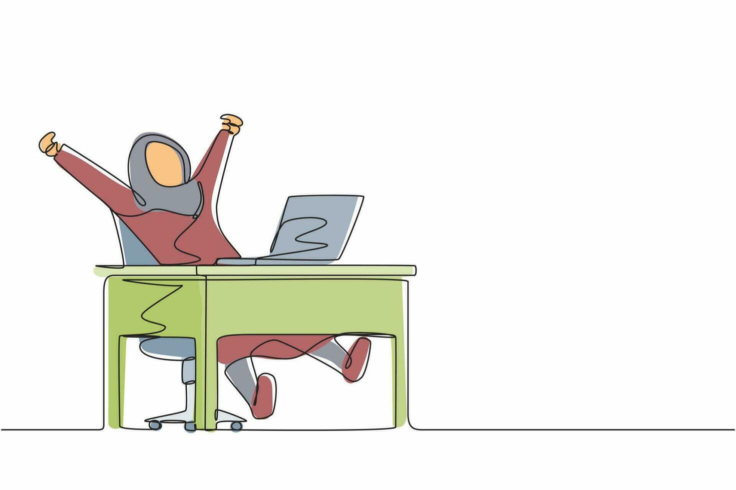 disegno continuo di una linea felice imprenditrice araba seduta su una sedia alla scrivania utilizzando il computer portatile che celebra la vittoria con le mani alzate. celebrare la vittoria, il concetto di emozioni positive. vettore di disegno a linea singola