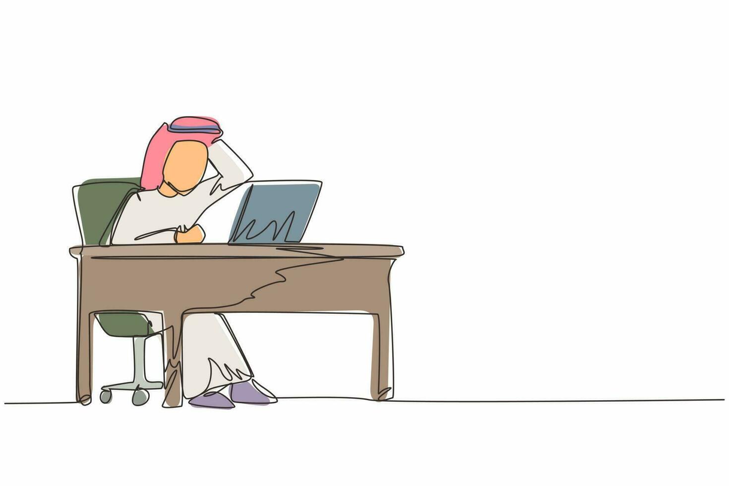 manager maschio continuo di una linea di disegno che lavora sul computer portatile. uomo d'affari arabo con un punto interrogativo sopra la testa graffi sul retro della testa seduto davanti al laptop. vettore di disegno a linea singola