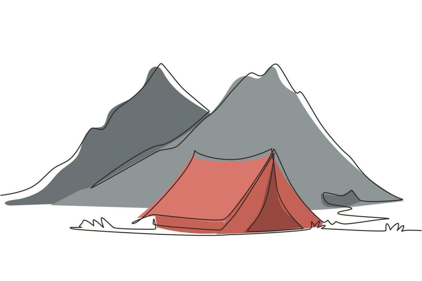singola linea di disegno avventura campeggio paesaggio notturno. tenda, campeggio, pineta e montagne rocciose. sport, escursionismo, campeggio, attività ricreative all'aperto. illustrazione vettoriale di disegno a linea continua