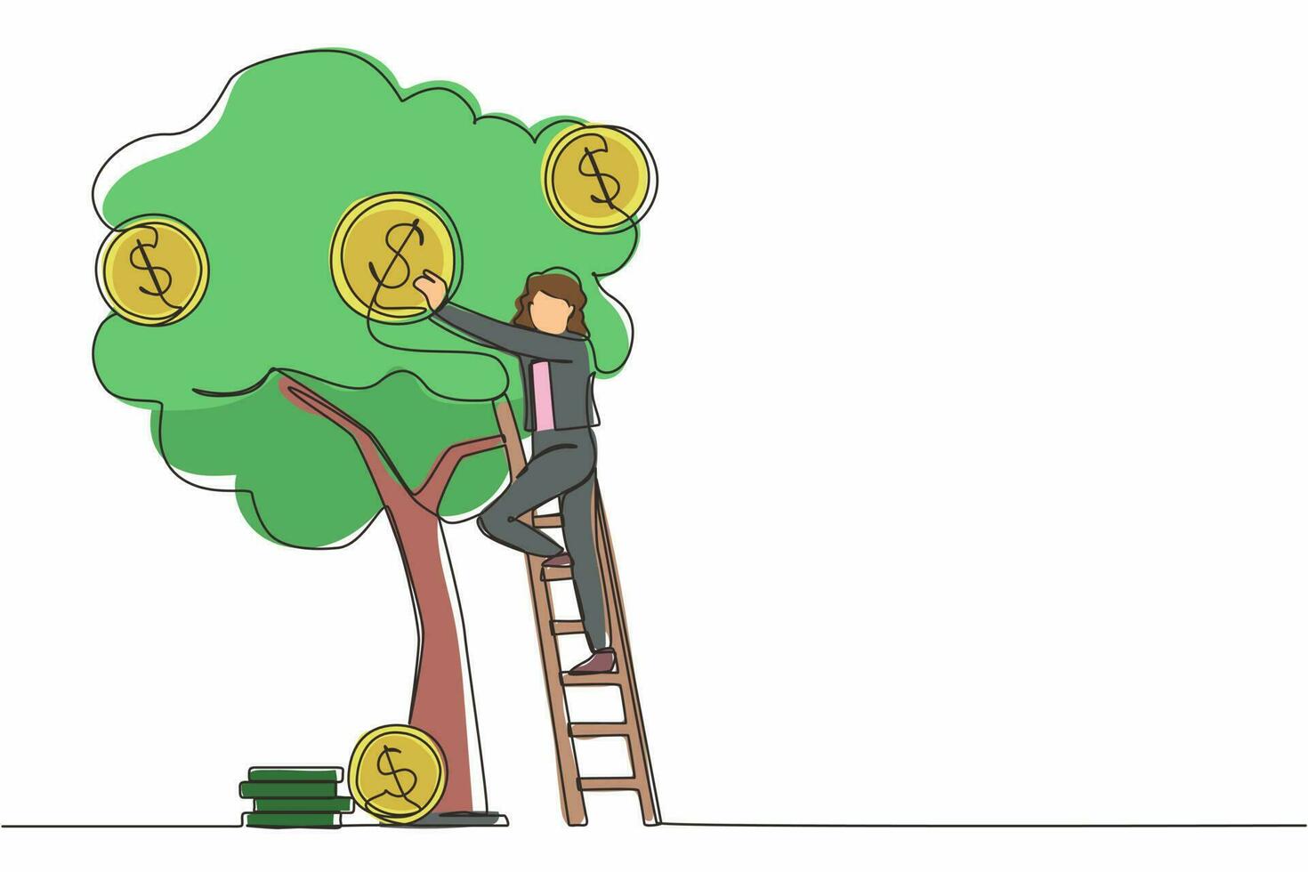 donna d'affari di disegno a linea continua che raccoglie dollari dall'albero dei soldi. pianta dei soldi. crescita aziendale, concetto di successo finanziario. investimento, reddito bancario. grafica vettoriale di disegno a linea singola