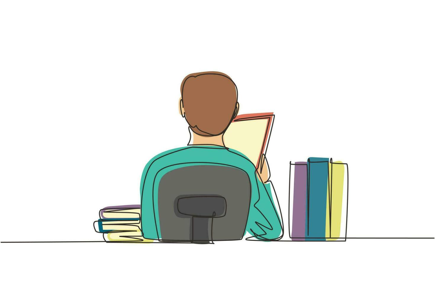una linea continua disegnando la vista posteriore del giovane seduto alla scrivania e leggendo un libro, studente che studia duramente e si prepara prima dell'esame con una pila di libri. illustrazione vettoriale di disegno a linea singola