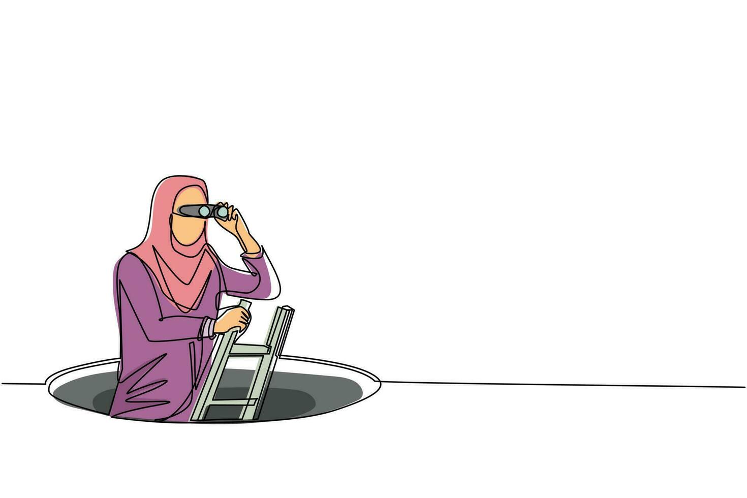 disegno continuo di una linea la donna d'affari araba esce dal buco con una scala e usando il binocolo. visione aziendale e concetto di soluzione. simbolo di sfida. illustrazione vettoriale di disegno a linea singola