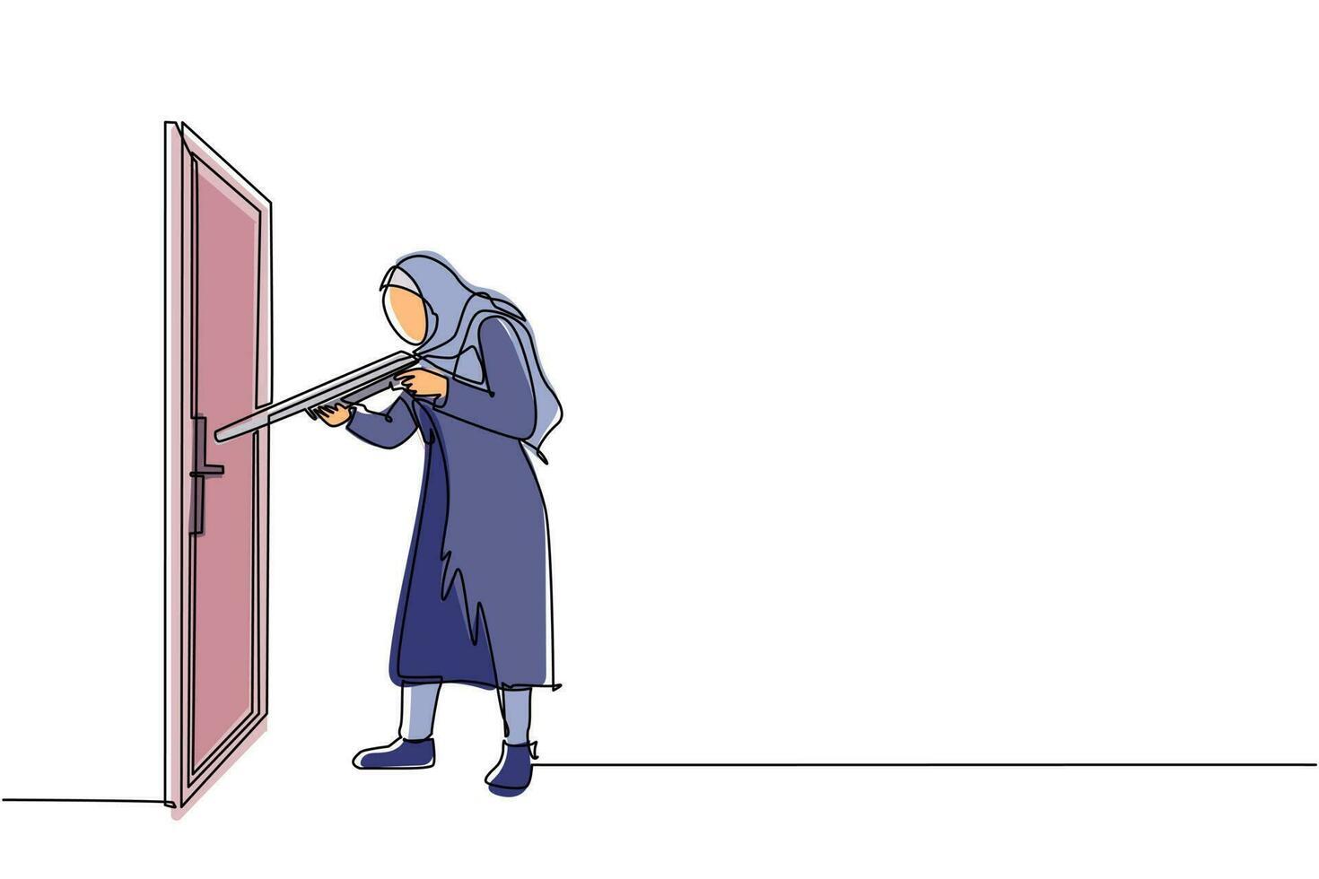 singolo disegno a tratteggio donna d'affari araba che punta il fucile alla maniglia della porta. lotta per la svolta aziendale. il potere di avere successo. aprire la porta chiusa. illustrazione vettoriale grafica di disegno a linea continua