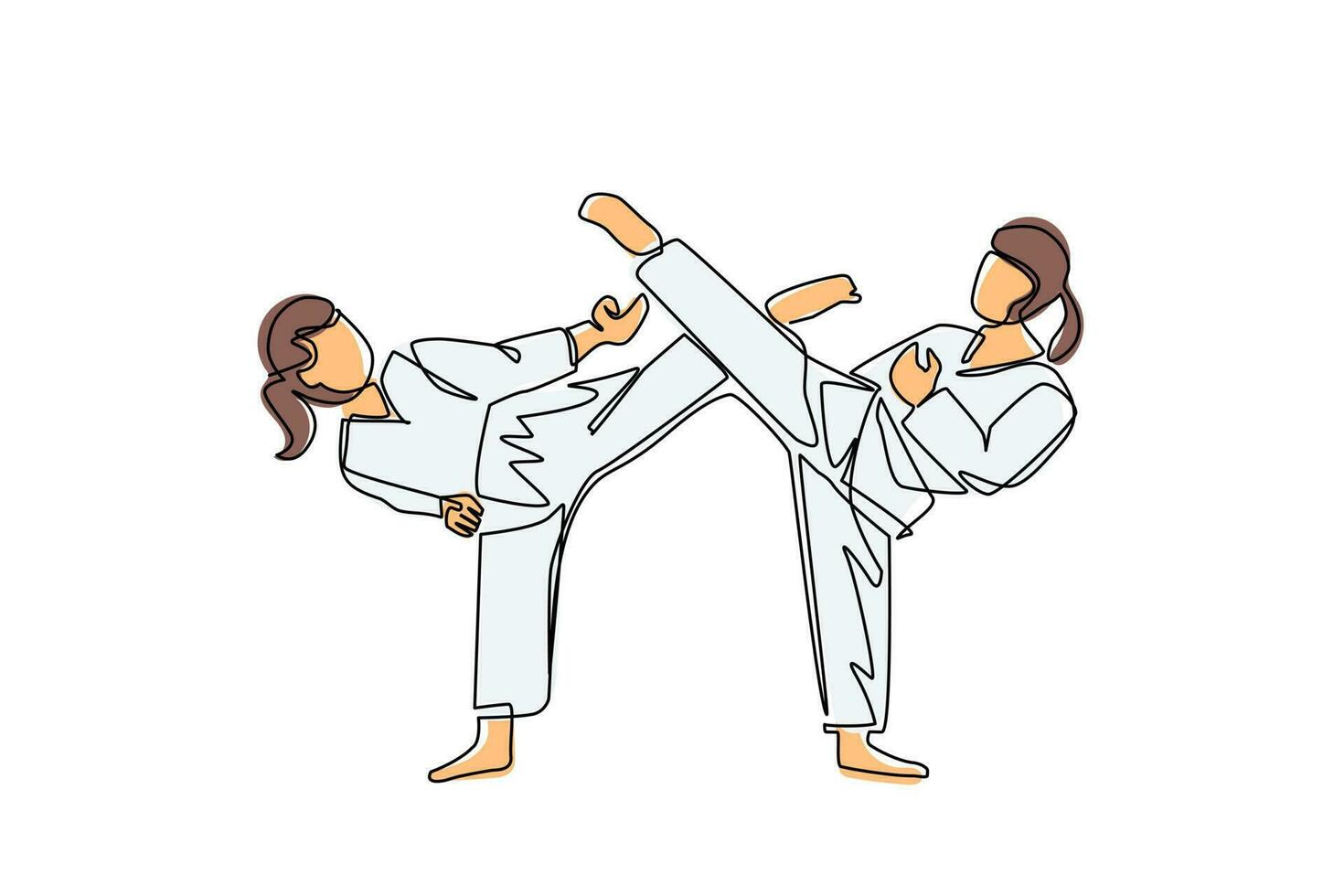 un'unica linea continua che disegna due combattenti di karate femminili pronte a combattere. combattenti professionisti dello sport di karate in piedi combattendo praticando il karate insieme. illustrazione vettoriale di un disegno di linea