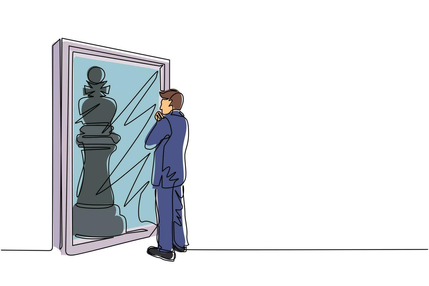 uomo d'affari di disegno a linea continua in piedi davanti allo specchio, che riflette il re degli scacchi. metafora della fiducia. successo, concetto di opportunità. illustrazione grafica vettoriale di disegno a linea singola
