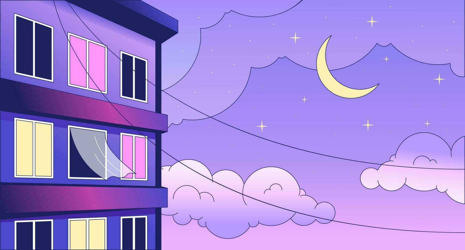 finestre appartamento edificio notte lo fi freddo sfondo. chiaro di luna notte cielo Residenziale 2d vettore cartone animato paesaggio illustrazione, vaporwave sfondo. anni 80 retrò album arte, synthwave estetica