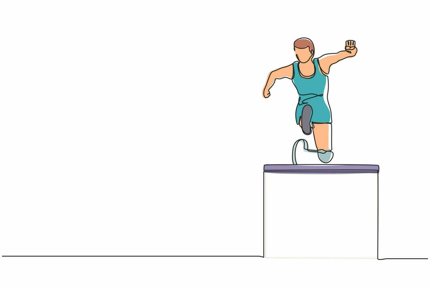 vista frontale continua di una linea di disegno atleta maschio amputato che salta, correndo sopra l'ostacolo. evento disabili con corsa ad ostacoli. concetto di sport di disabilità. illustrazione grafica vettoriale di progettazione a linea singola