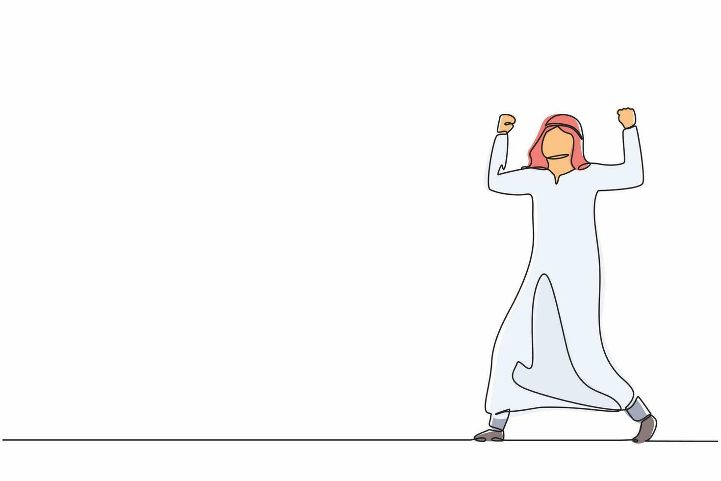 disegno continuo di una linea felice uomo d'affari arabo in piedi con le mani serrate alzate. manager maschile che celebra il successo dell'aumento delle vendite di prodotti aziendali. grafica vettoriale di disegno a linea singola
