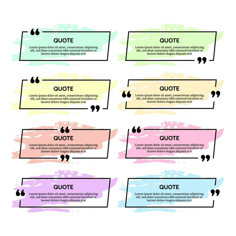 impostato di otto nero citazione scatola montatura con colore sbavature isolato su bianca sfondo. vettore illustrazione