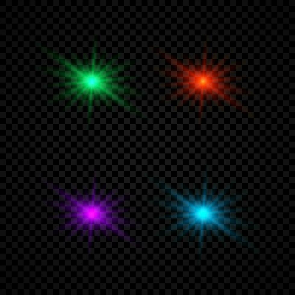 leggero effetto di lente razzi. impostato di quattro verde, rosso, viola e blu raggiante luci starburst effetti con scintille vettore