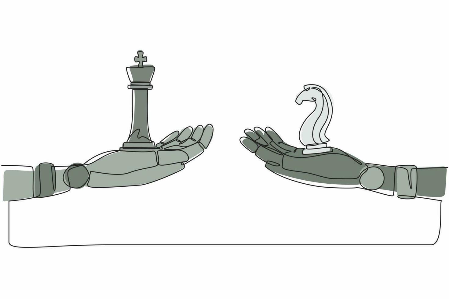 mani di robot di disegno a linea continua singola con pezzi degli scacchi del re e del cavallo. moderna tecnologia di intelligenza artificiale della robotica. industria della tecnologia elettronica. vettore di disegno grafico a una linea