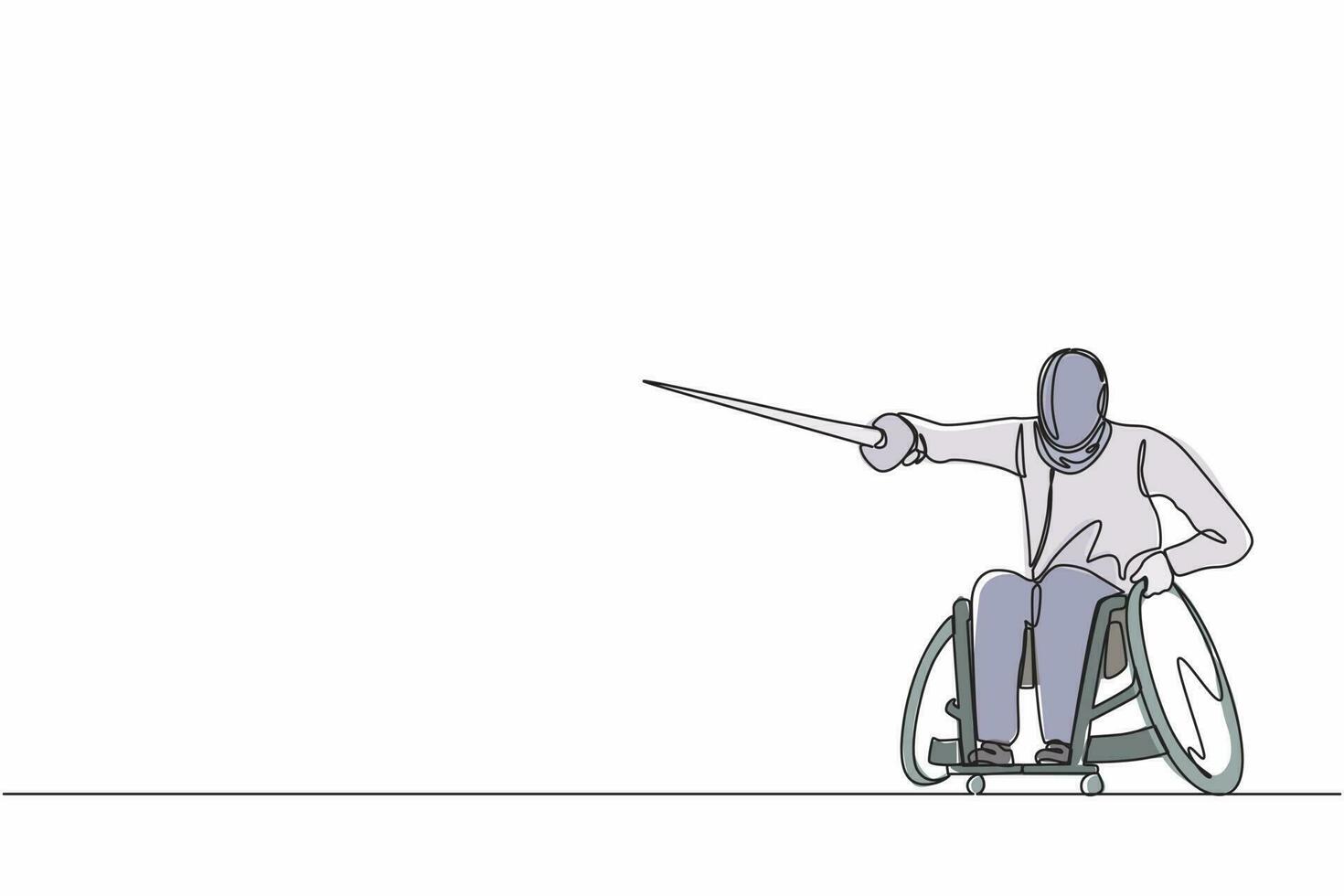 disegno a linea continua singolo disabile scherma giovane su sedia a rotelle. spadaccino di disabilità con stocco. concetto per sport, giochi estivi, recupero, scherma. vettore di disegno grafico a una linea