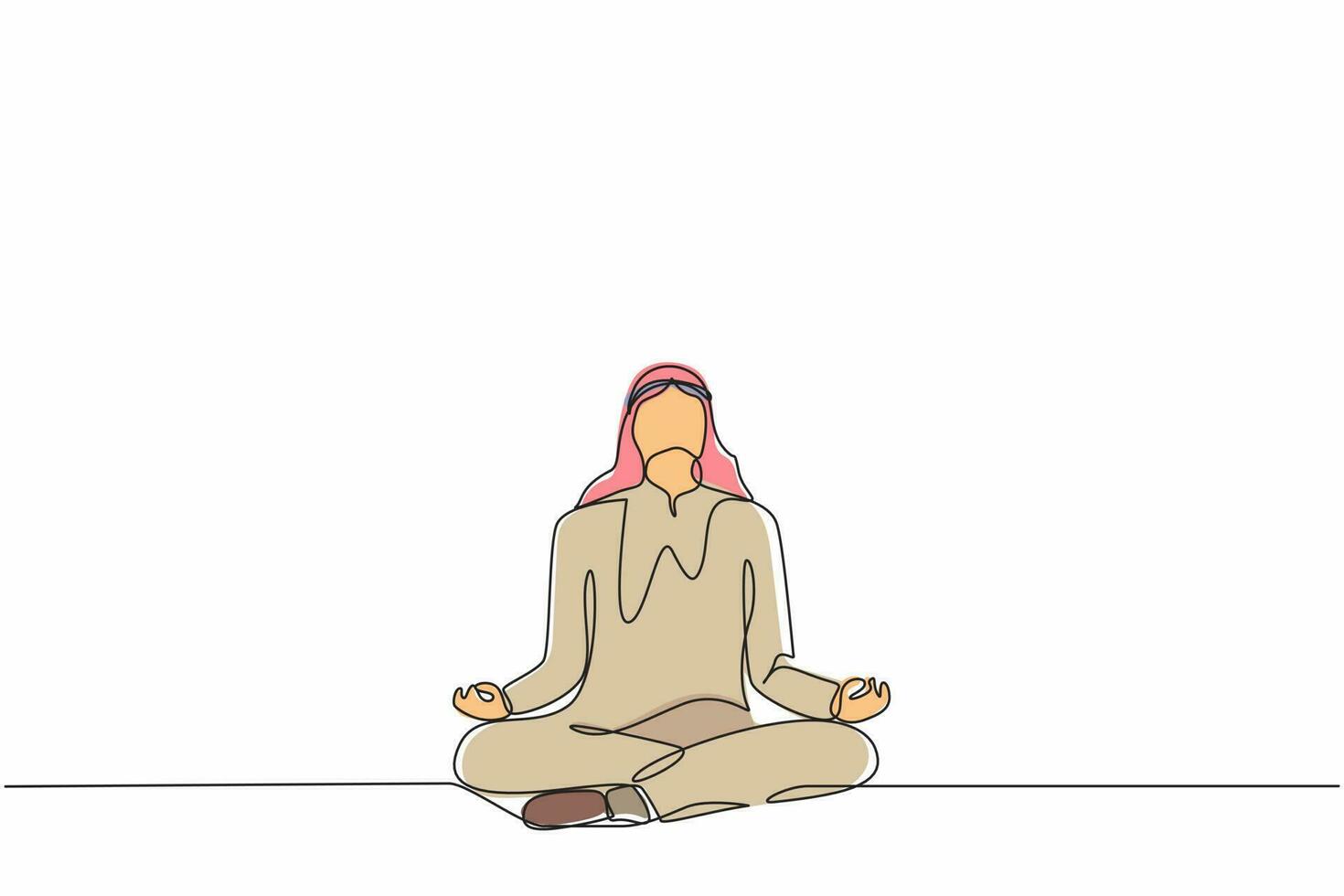 unico disegno a linea continua uomo d'affari arabo che fa yoga. impiegato seduto in posa yoga, meditazione, relax, calma e gestione dello stress. illustrazione vettoriale di un disegno grafico a una linea