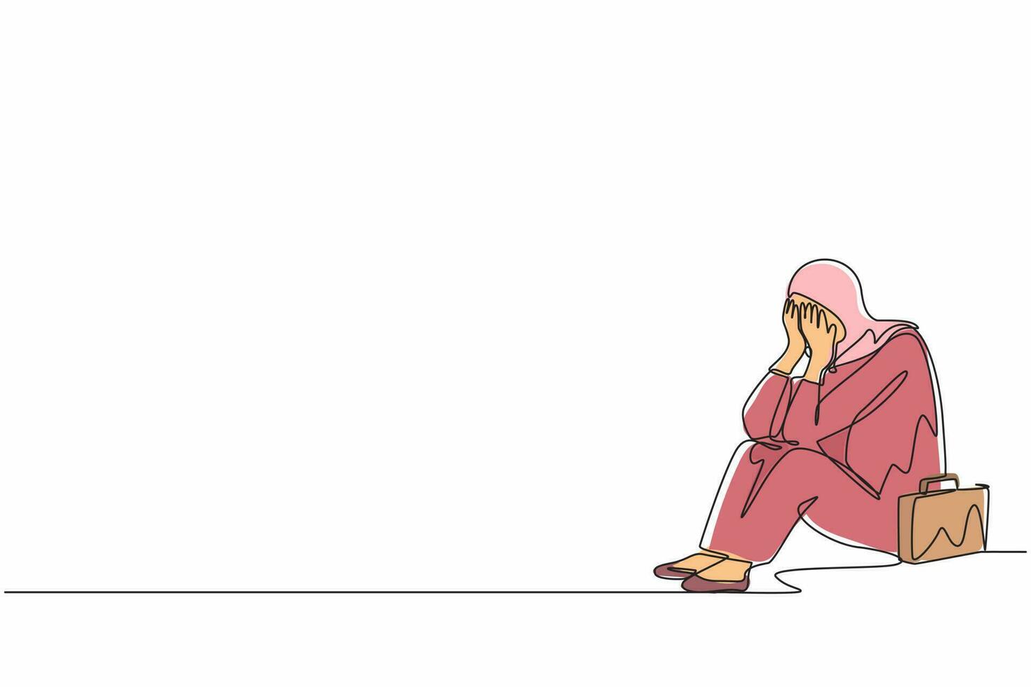 disegno a linea continua singola donna d'affari araba che si sente triste e depressa seduta sul pavimento. impiegato che si sente blu, stressato, triste. depressione per i giovani. vettore di progettazione grafica a una linea